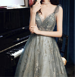 Beaded Tulle Fairy Prom Dress For Women V-Neck Long Party Dress Floor Length Evening Dress OKV92