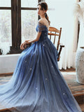 Starry Blue Off Shoulder Floral Event Dress Sparkling Long Prom Dress Aline Event Dress Gradient Long Dress OKV91