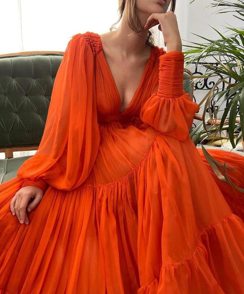 Long Sleeves A-line Deep V Neck Orange Simple Prom Dress Maxi Dress OKV98