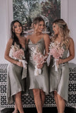 Simple Gray A Line Satin Spaghetti Straps High Low Bridesmaid Dress OK1571