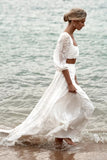 Two Piece A Line Floral Lace Lantern Sleeve Long Beach Wedding Dress OK1563