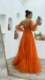 A Line Tulle Orange Long Sleeves Long Prom Dresses Long Evening Party Dresses OK1940