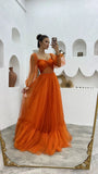 A Line Tulle Orange Long Sleeves Long Prom Dresses Long Evening Party Dresses OK1940