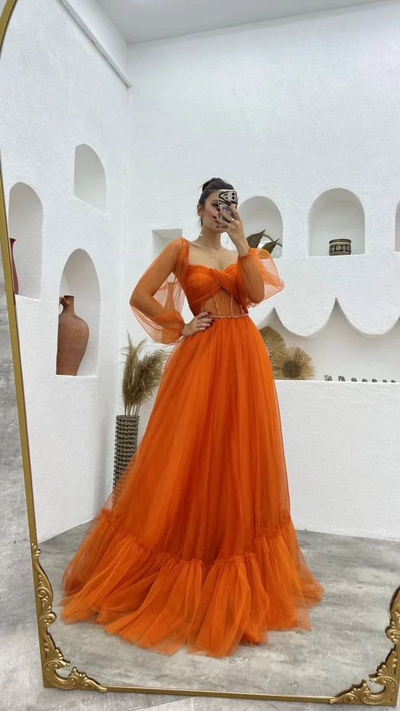A Line Tulle Orange Long Sleeves Long Prom Dresses Long Evening Party Dresses OK1940