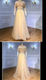 A Line Tulle Beading Long Prom Dress Chic Sheer Neck Evening Dress OK1359