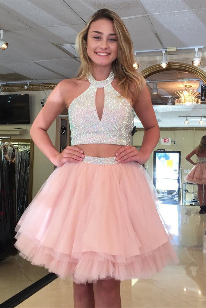 Sweet Two Pieces A-line Halter Mini Tulle Short Pink Homecoming Dress With Sequins OKA78