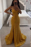 Yellow Sequined Mermaid Spaghetti Straps Long Prom Dress Formal Evening Dress OK1608