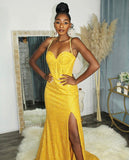 Yellow Sequined Mermaid Spaghetti Straps Long Prom Dress Formal Evening Dress OK1608