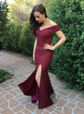 Mermaid Off-the-Shoulder Burgundy Simple Prom Dresses with Split OKI93