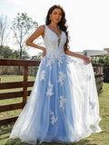 Blue A Line/Princess Tulle Appliques V-neck Sleeveless Long Prom Dress OK1364