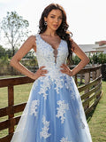 Blue A Line/Princess Tulle Appliques V-neck Sleeveless Long Prom Dress OK1364
