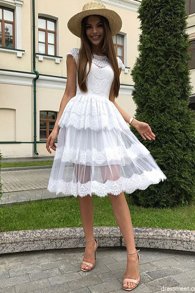 A Line White Lace Homecoming Dress, Beautiful Short Prom Dresses OKM72