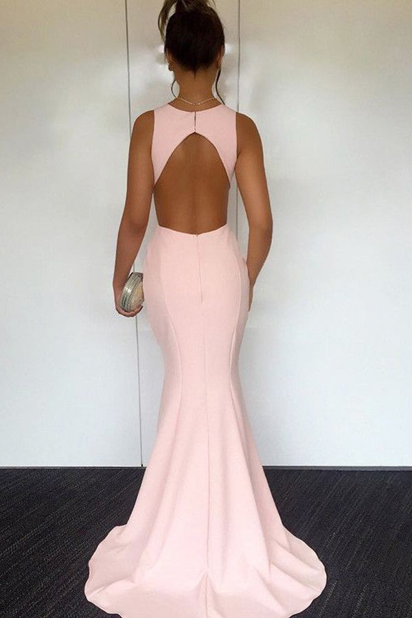 Mermaid Open Back Floor-Length Pink Simple Prom Dresses OKI95
