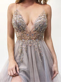 A-Line Spaghetti Straps Deep V Neck Prom Dresses with Beading Split OKI69