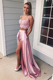Two Piece Square A Line Pink Split Long Prom Dresses with Lace Pockets OKI72