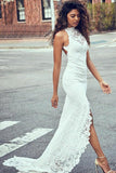 Sexy Mermaid High Neck Sleeveless Lace Backless Wedding Dress,Modest Bride Gowns OKC49