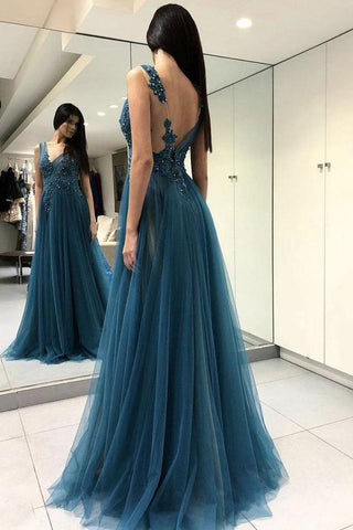 Blue See Through Split Backless Lace Appliques Tulle Long Prom Dresses with Beading OKB27