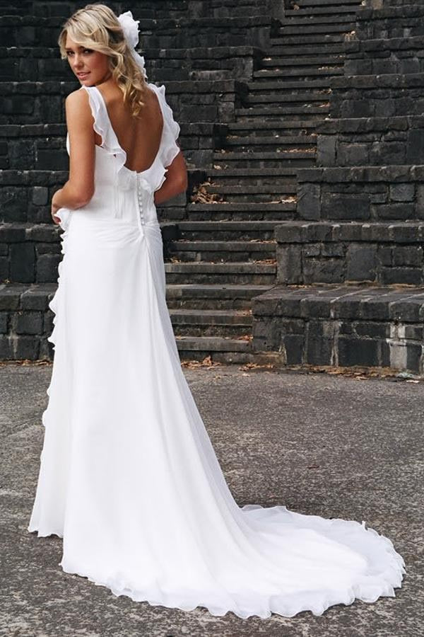 Simple White V-neck Chiffon Ruffles Sleeveless Wedding Dresses Bridal Gowns OK596