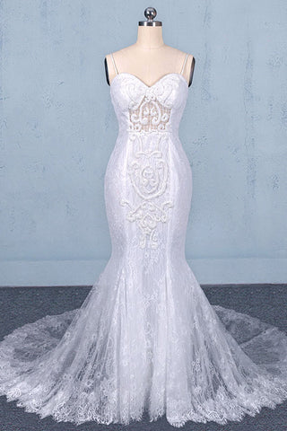 Mermaid Spaghetti Straps Lace Wedding Dresses, Fashion Long Bridal Dresses OKQ17