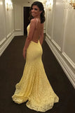 Stunning Mermaid Spaghetti Straps Lace Yellow Long Prom Dress Evening Dress OKT20