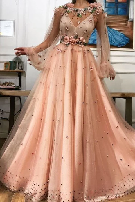 A line Long Sleeves Prom Dress 3D Flowers Prom Dress Formal Evening Dress OKR44