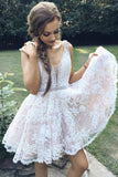 A-Line V-Neck Mini White Lace Homecoming Dresses with Beading,Graduation Dresses OKB17