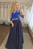 Two Piece 3/4 Sleeves Navy Blue Prom Dresses with Royal Blue Lace OKI76