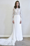Ivory Long Sleeves A Line Wedding Dress Chiffon Detachable Bridal Dress OKP78