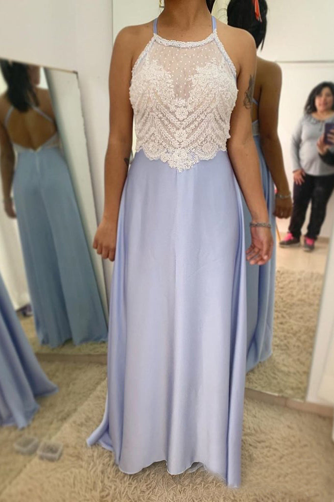 Halter Neckline Lilac Chiffon Lace Appliques Long Prom Dress OKS85