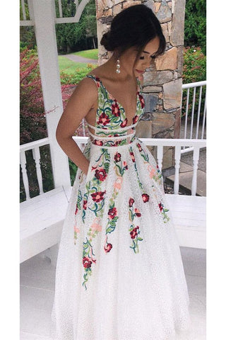 Charming V Neck Floral Embroidery Long Lace Prom Dresses with Pocket N1482