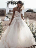 A Line Sweetheart Long Cheap Tulle Wedding Dress with Lace Appliques OKM81