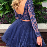 Two Piece Bateau Long Sleeves Dark Blue A Line Tulle Homecoming Dresses OKB79