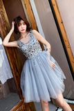 V Neck A Line Beaded Homecoming Dress, Short Tulle Prom Dress OKN59