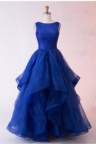 Fashion A-Line Bateau Long Royal Blue Organza Prom Dresses with Beading OKF64