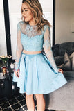 Two Pieces Long Sleeves Sky Blue A Line Short Homecoming Dresses OKA94