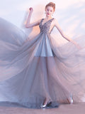 Elegant A Line Sequin Tulle Long V Neck Sleeveless Prom Dress OKC2
