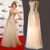 Sweetheart A Line Gold Sequin Tulle Long Sleeveless Prom Dress OKC3