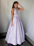 A-Line Floor-Length Lilac Printed Prom Dresses, Simple Long Evening Dresses OKJ12