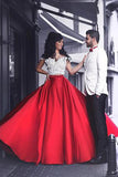 White Lace Top Prom Dresses,Red Prom Dress,Satin Prom Dresses,Two Piece Prom Dress