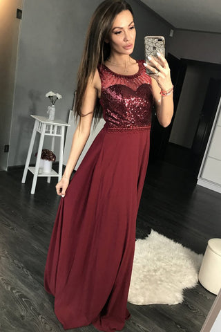 Charming Prom Dresses,Burgundy Prom Gown,Chiffon Prom Dress,Sequins Prom Dress