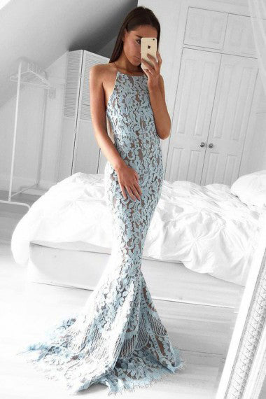 Charming Prom Dresses,Mermaid Prom Dress,Halter Prom Dresses,Blue Prom Dress,Lace Prom Dresses