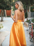Orange Spaghetti-Straps Elegant V-Neck Backless Sleeveless Prom Dress OKN7