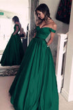 A Line Off The Shoulder Simple Green Long Cheap Prom Dress With Pockets OKH21