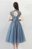 Blue A Line Tulle Short Sleeves High Neck Appliques Homecoming Dress OKC5