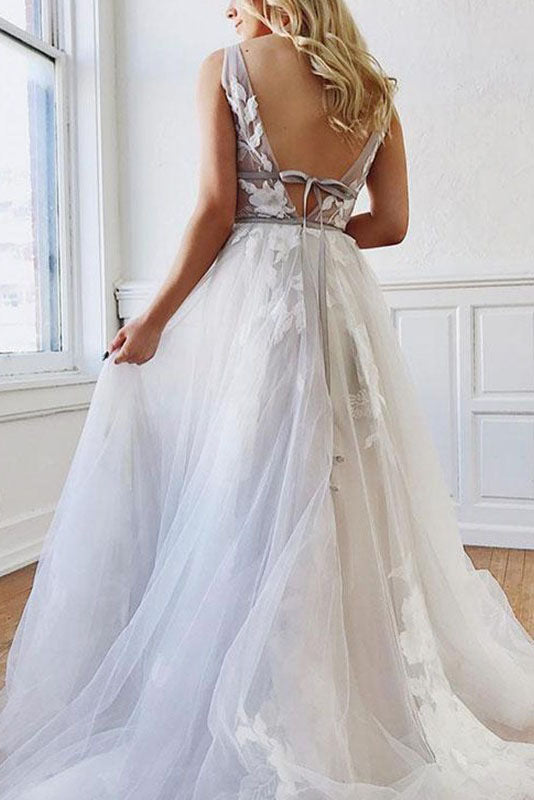 A Line Deep V-Neck Backless White Tulle Prom Dresses With Appliques OKQ63