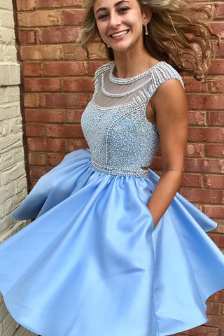 Cute Sparkly Beads Short Blue Open Back Homecoming Dresses with Pockets OK438