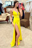 Mustard Yellow Lace-Up Belted Long Formal Evening Dress Sexy A Line Prom Dress OK1755