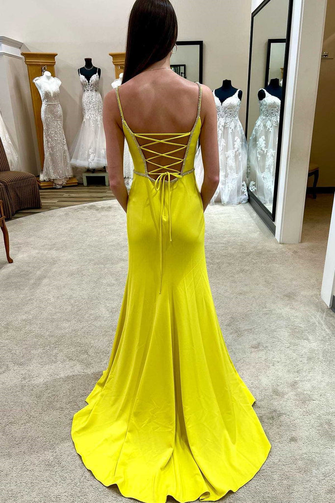 Mustard Yellow Lace-Up Belted Long Formal Evening Dress Sexy A Line Prom Dress OK1755