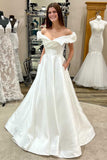 Off White Off-the-Shoulder Ruffled A-Line Satin Bridal Wedding Dress OK1568