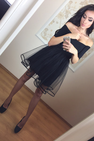 A-Line Off-The-Shoulder Short Sleeves Black Tulle Homecoming Dress For Juniors OK475